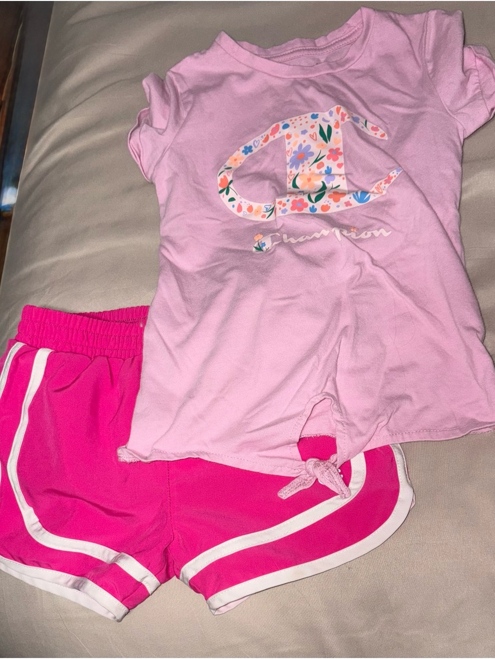 Champion Light Pink Floral Logo Tee with Hot Pink Shorts